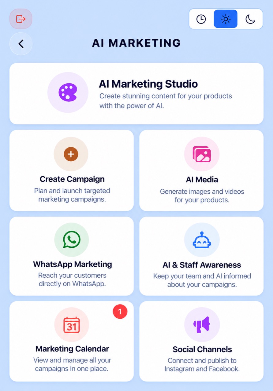 Supplied AI Marketing screen: AI Marketing Studio, Create Campaign, AI Media, WhatsApp Marketing, AI and Staff Awareness, Marketing Calendar, and Social Channels.