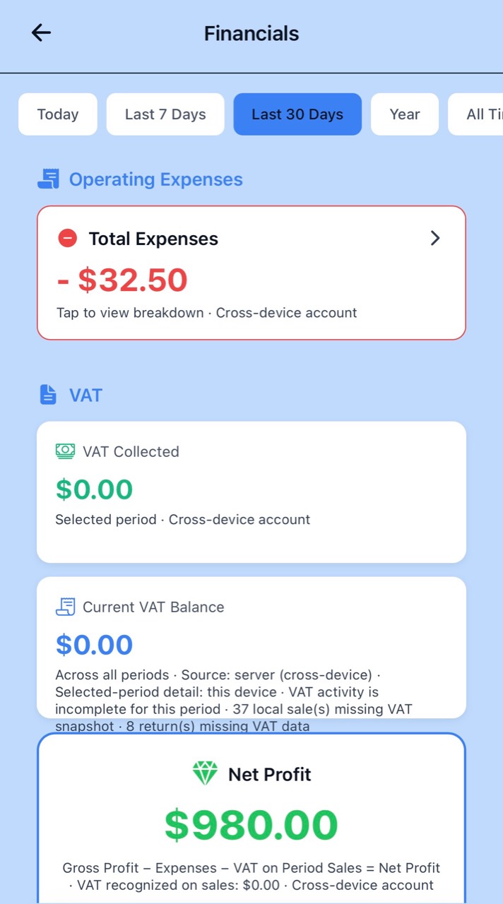 Original Financials screenshot showing Total Expenses -$32.50, VAT Collected $0.00, Current VAT Balance $0.00, incomplete VAT history information, and Net Profit $980.00.