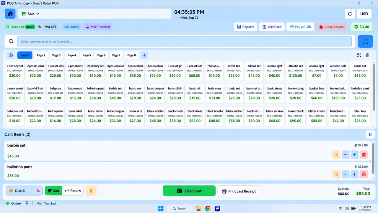 Supplied POS Prodigy interface with product search, product pages, cart controls, payment and cashier actions. The cart contains barbie set at $45.00 and ballerina pant at $38.00, with subtotal and total $83.00.